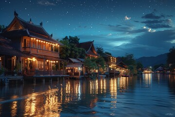 Obraz premium A lake with a house on the shore and a starry sky above