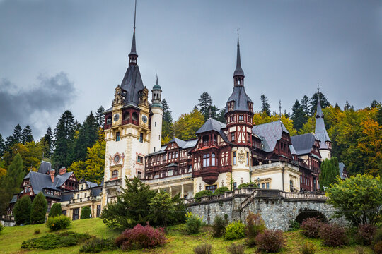 Europe, Romania, Carpathian Mountains, Prahova County,  Sinaia. King Carol 1's Peleș Castle, Castelul Peles. Exterior. Neo-Renaissance castle.