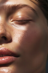 Naklejka premium Detailed Close-Up of a Young Woman in Her 20s with Glowing, Healthy Skin, Without Makeup