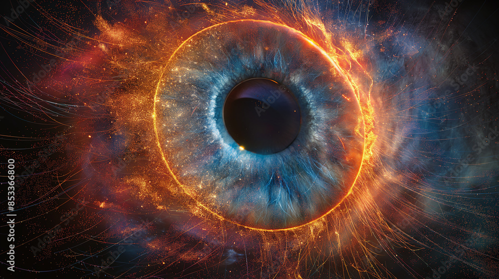 Poster a circular pattern of colorful lines, resembling the neural network in an eye, pave on a black backg