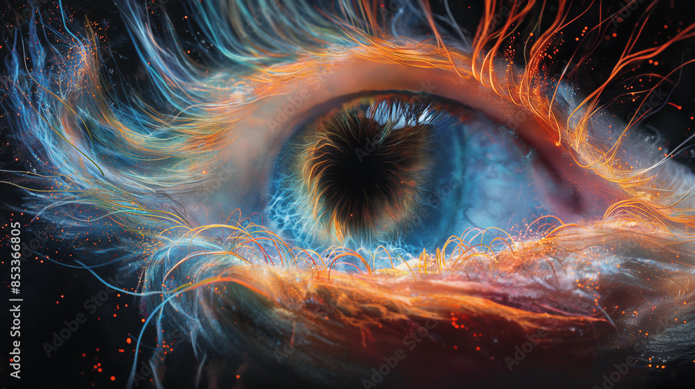 Poster a circular pattern of colorful lines, resembling the neural network in an eye, pave on a black backg