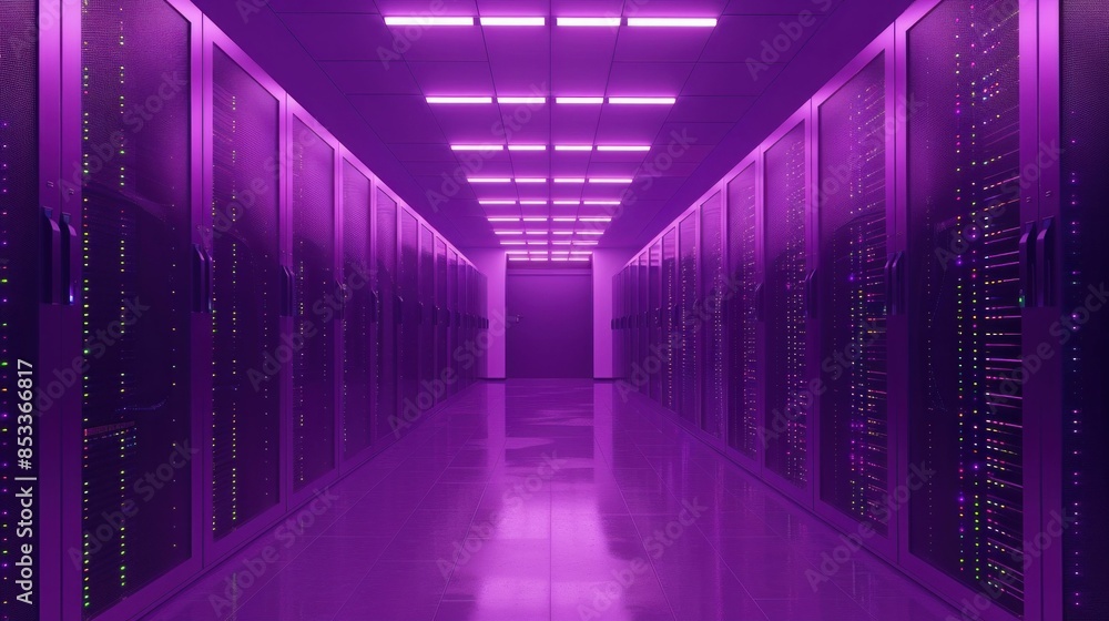 Aufkleber technology meets art in a mesmerizing display of purple lights illuminating rows of servers in a fut