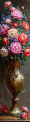 A beautiful bouquet of peonies in a vase, in a painted style. 