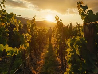 Naklejka premium Man walking through a scenic vineyard with the sun setting in the background, travel and nature concept
