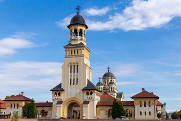 Europe, Romania, Alba Iulia.  Alba Carolina Citadel,star-shaped  fortress,church tower with bell.