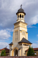 Europe, Romania, Alba Iulia.  Alba Carolina Citadel,star-shaped  fortress,church tower with bell.