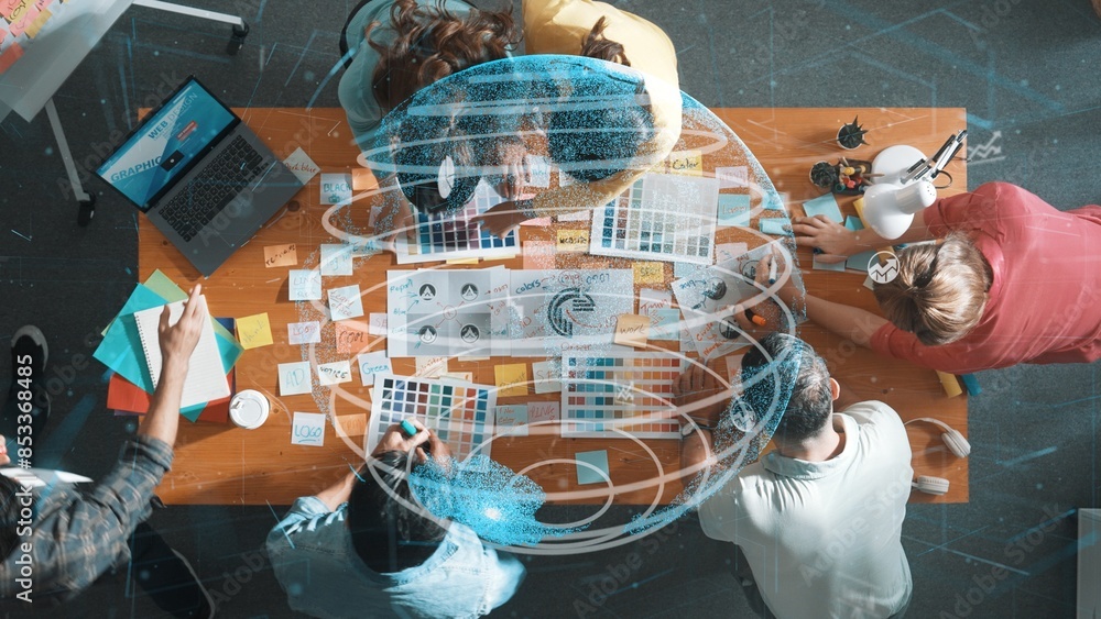 Poster top view of creative designer working together brainstorming idea by using sticky notes at meeting t