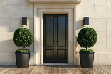 Fototapeta premium Architectural Rendering: Two Doors on Beige Building Facade with Topiary Trees 