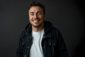 Obraz premium Good-looking man, smiling, wearing black jacket and white t-shirt.