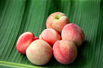 Ripe peaches on a green banana leaf. Selective focus.