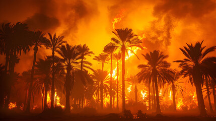 Burning Palm Trees in Desert Fire

