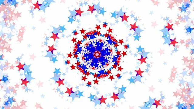 Red white and blue stars in a circular kaleidoscope pinwheel patterns on white background for USA celebrations like 4th of July, Memorial Day, Veteran's Day, or other patriotic US American holidays.