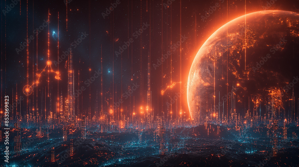 Poster create a hyper realistic photographic image that shows an upward graph surrounded by images of tech,