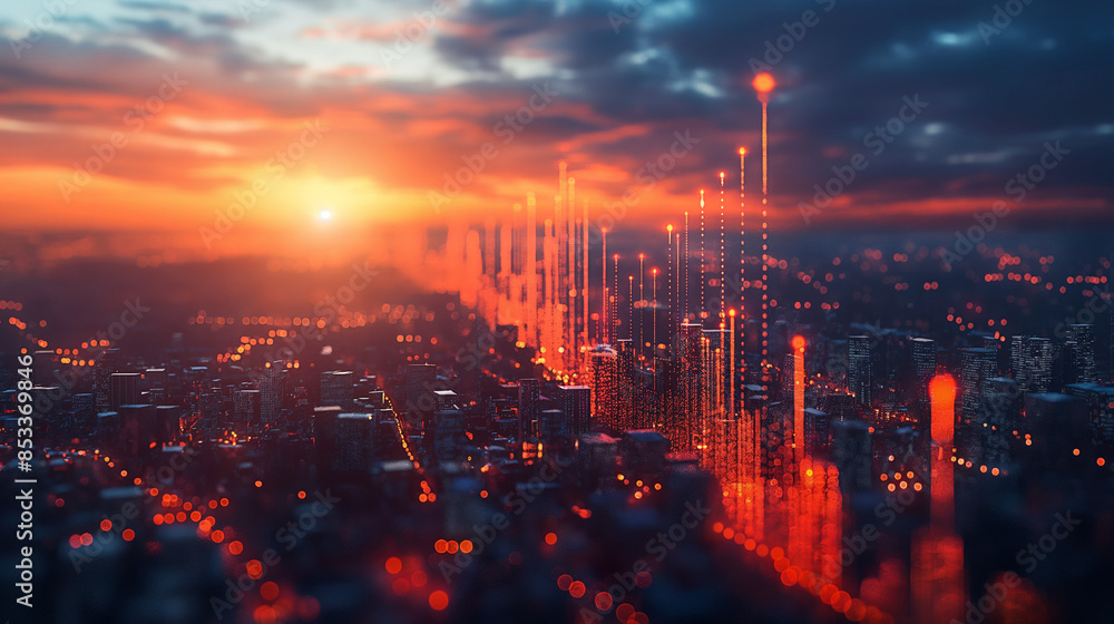Poster create a hyper realistic photographic image that shows an upward graph surrounded by images of tech,