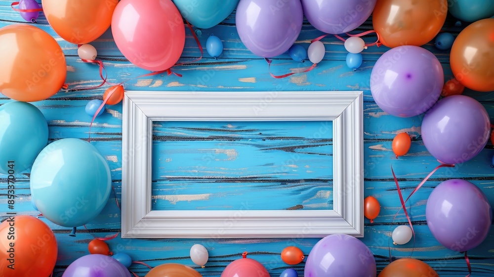 Poster a frame with a white border and a blue background. there are many colorful balloons surrounding the 