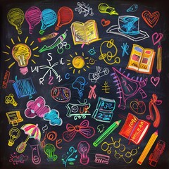 Naklejka premium Colorful back-to-school doodles on a chalkboard