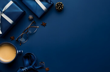Composition with Gift Boxes, Glasses, and Coffee On Navy Blue Background