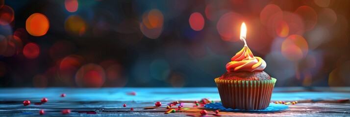 Birthday creamy cupcake with lightning candle. Anniversary pastry confection with glowing candle.