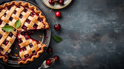 Baking dish with tasty cherry pie and plate of piece. copy space