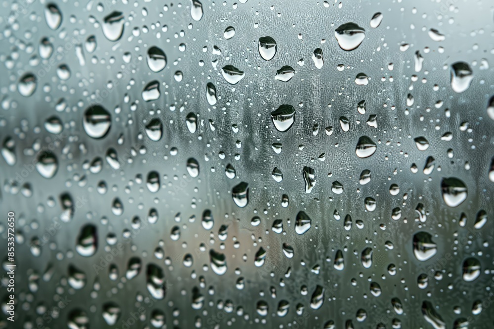 Poster a window with raindrops on it. the drops are small and scattered, creating a blurry effect. scene is
