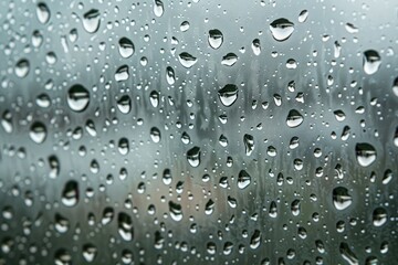 A window with raindrops on it. The drops are small and scattered, creating a blurry effect. Scene is calm and peaceful, as the raindrops seem to be falling gently and not too heavily