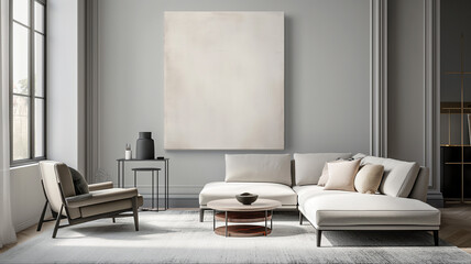 Modern minimalist living room with a blank frame above the couch, perfect for artwork mockup