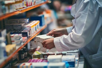 Obraz premium Pharmacist Using Accounts In Drug Store
