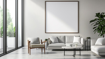Blank frame mockup positioned above a couch in a modern Scandinavian minimalist living room in light grey themed
