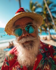 Santa Claus Taking Selfies with Tourists at Tropical Beach

