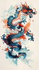 simplify tattoo design, Japanese style dragon solid black lines Splash art fill in scales of red, orange, blue and green Show full Dragon body