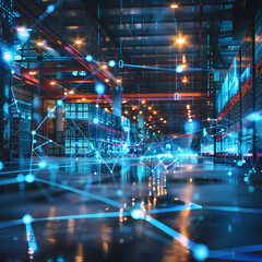  A holographic projection of a supply chain network diagram in a logistics center, business, dynamic and dramatic compositions, with copy space Generative AI