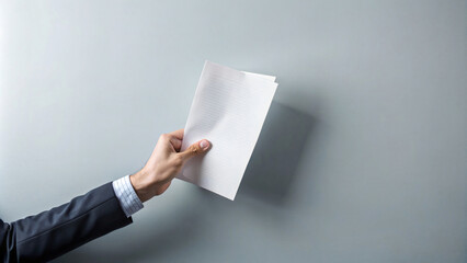 A business person in a suit is holding a document in their hand