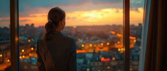 Fototapeta premium Woman in Chic Dress Overlooking City Lights from Luxurious Apartment