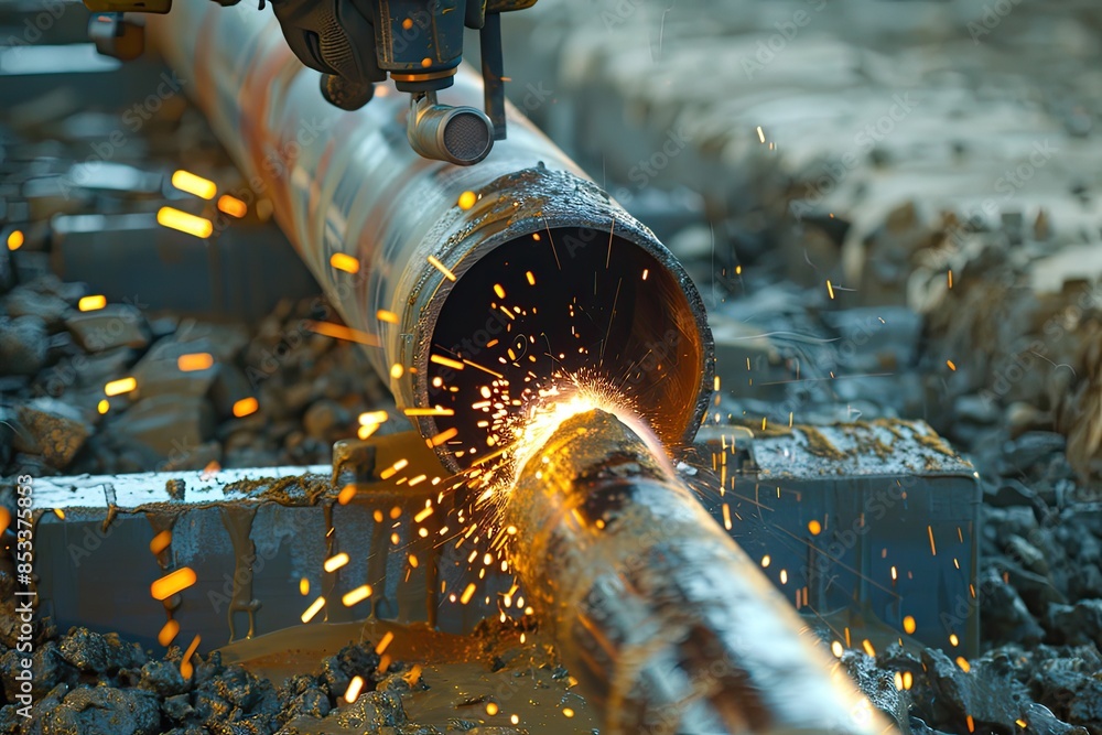 Poster a pipe is being cut with a torch, and the sparks are flying. concept of danger and excitement, as th