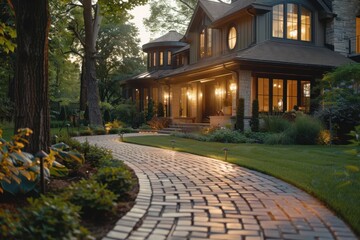 New Luxury Home with Lush Backyard and Stone Walkway

