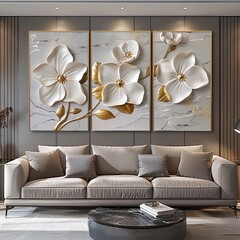 3 Panels Wall Art 3D White Flowers with Golden Petals