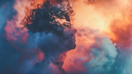 Young man exhaling smoke surrounded by colorful cloud