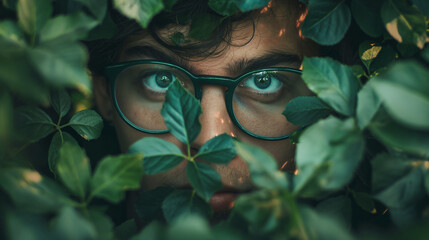 Young man with glasses hiding behind lush green leaves