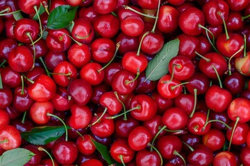 Red sweet cherries. Pile of fresh red ripe sweet cherry. Top view, flat lay