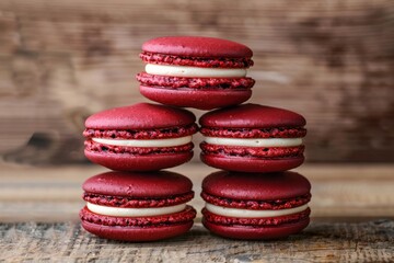 Red Velvet Macarons Piled on Wooden Background Rustic Delight 