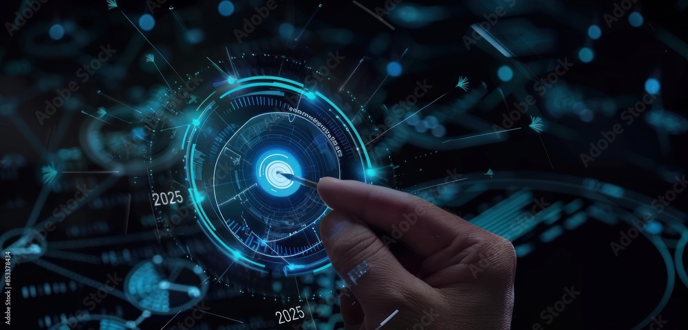 Poster digital interface with futuristic design and 2025 year display