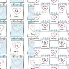 Set of 2 seamless patterns with calendar page and date 14 February and 14 March. Background. Texture