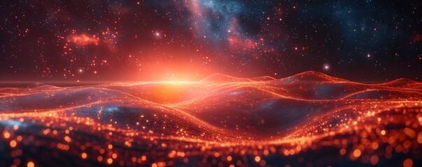 Obraz premium Digital representation of glowing waves under a cosmic starry sky depicting data flow and space