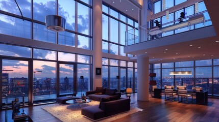 Modern Luxury Lounge with City View at Twilight