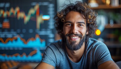 Fototapeta premium Confident young man with ambient stock charts in the background, symbolizing composed financial decision-making