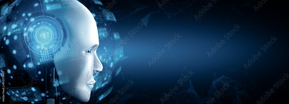 Poster mlp 3d illustration robot humanoid face close up with graphic concept of big data analytic by ai thi