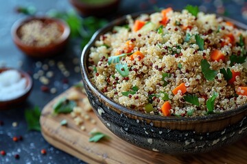 A bowl of quinoa with vegetables and herbs. The bowl is on a wooden cutting board