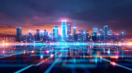 A futuristic cityscape powered by blockchain technology, illustrating its impact on smart cities. List of Art Media: Photograph inspired by Spring magazine.
