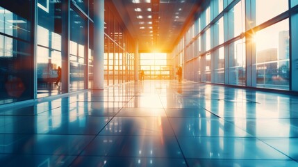 unlit, modern corridor with expansive windows and reflective surfaces.