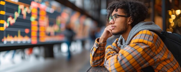 Obraz premium A thoughtful young man wearing glasses and a plaid jacket looks intently at large electronic stock market screens